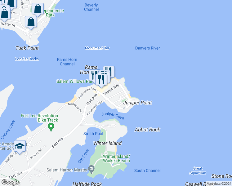 map of restaurants, bars, coffee shops, grocery stores, and more near 111 Columbus Avenue in Salem