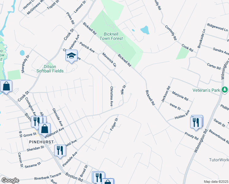 map of restaurants, bars, coffee shops, grocery stores, and more near 49 Christina Avenue in Billerica