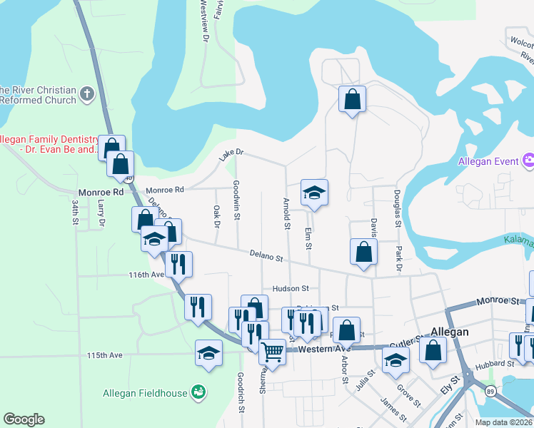 map of restaurants, bars, coffee shops, grocery stores, and more near 171 Arnold Street in Allegan