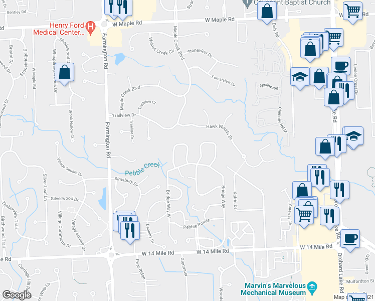 map of restaurants, bars, coffee shops, grocery stores, and more near 6973 Pebble Creek Woods Drive in West Bloomfield Township