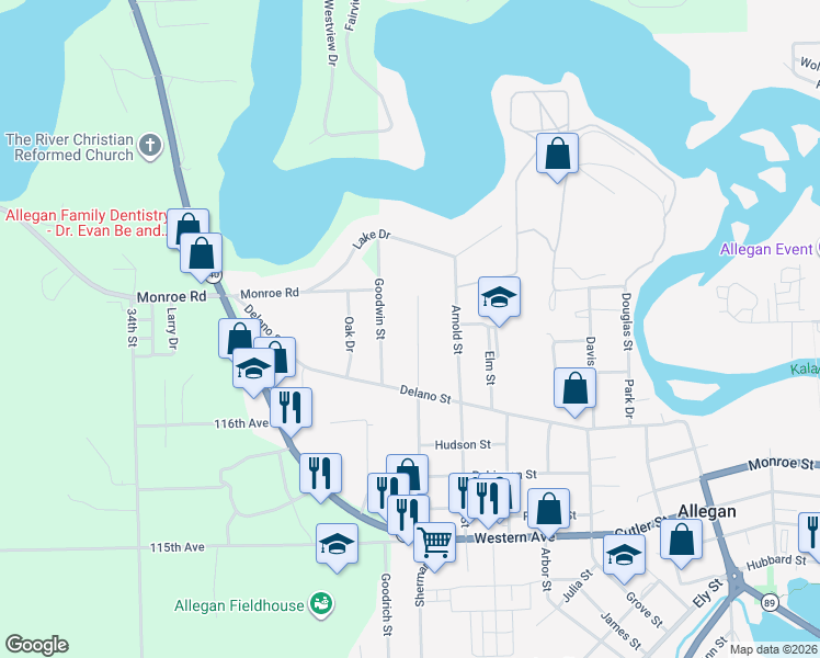 map of restaurants, bars, coffee shops, grocery stores, and more near 126 Goodwin Drive in Allegan
