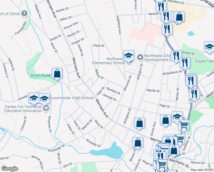 map of restaurants, bars, coffee shops, grocery stores, and more near 52 Bartlett Street in Leominster