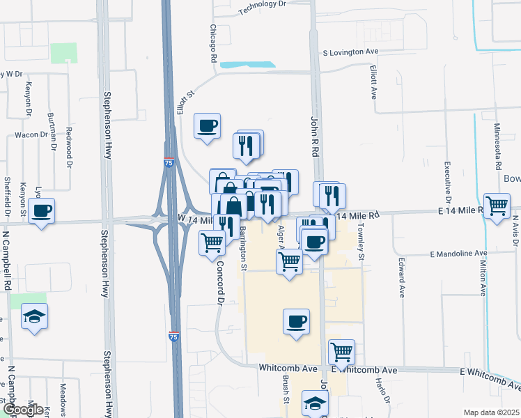 map of restaurants, bars, coffee shops, grocery stores, and more near 398 West 14 Mile Road in Troy
