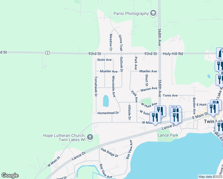 map of restaurants, bars, coffee shops, grocery stores, and more near 495 Wisconsin Avenue in Twin Lakes