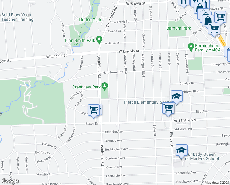 map of restaurants, bars, coffee shops, grocery stores, and more near 1640 Birmingham Boulevard in Birmingham