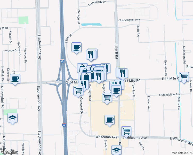map of restaurants, bars, coffee shops, grocery stores, and more near 398 West 14 Mile Road in Troy