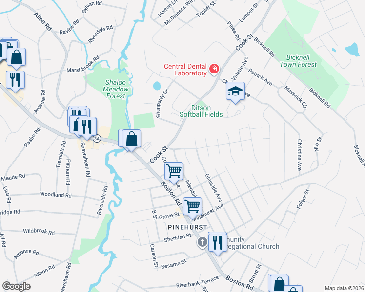 map of restaurants, bars, coffee shops, grocery stores, and more near 4 Allendale Avenue in Billerica