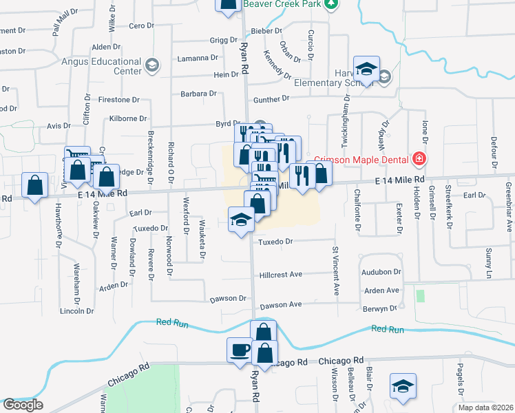 map of restaurants, bars, coffee shops, grocery stores, and more near 32818 Ryan Road in Warren