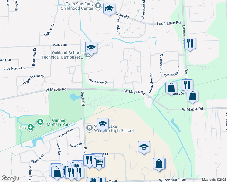 map of restaurants, bars, coffee shops, grocery stores, and more near 2063 Shearwater Circle in Commerce Charter Township