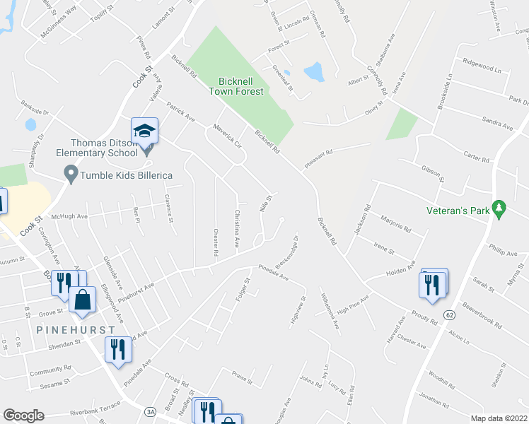 map of restaurants, bars, coffee shops, grocery stores, and more near 24 Nile Street in Billerica