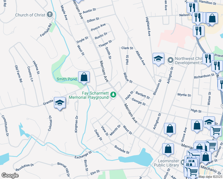 map of restaurants, bars, coffee shops, grocery stores, and more near 44 Hall Street in Leominster