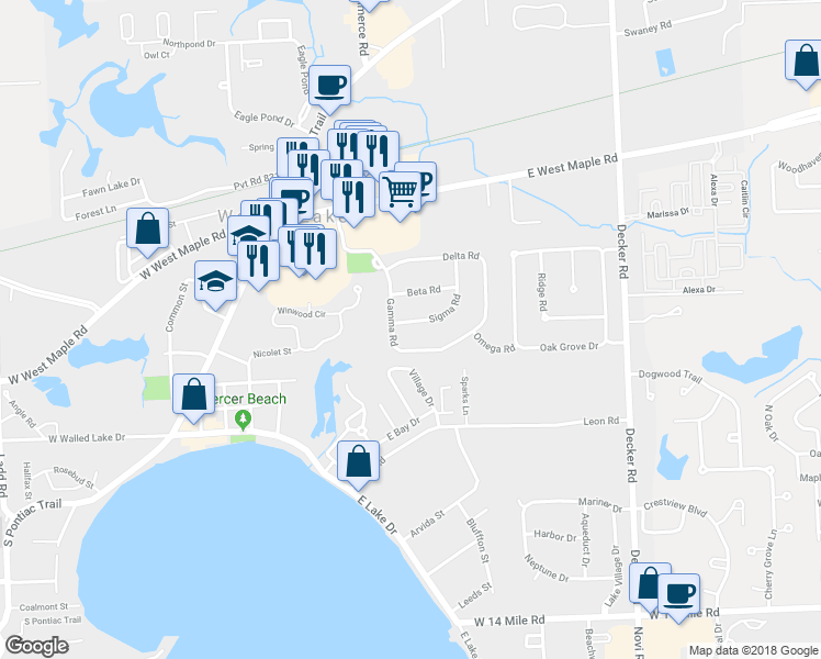 map of restaurants, bars, coffee shops, grocery stores, and more near 1120 Sigma Road in Walled Lake