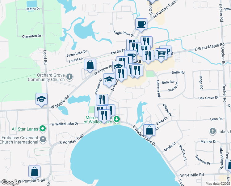 map of restaurants, bars, coffee shops, grocery stores, and more near 313 East Northport Street in Walled Lake