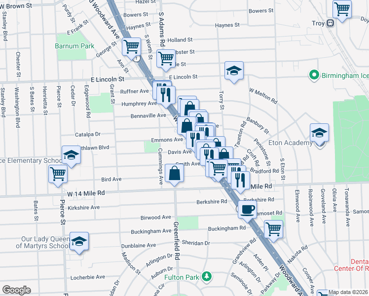 map of restaurants, bars, coffee shops, grocery stores, and more near 1308 Davis Avenue in Birmingham