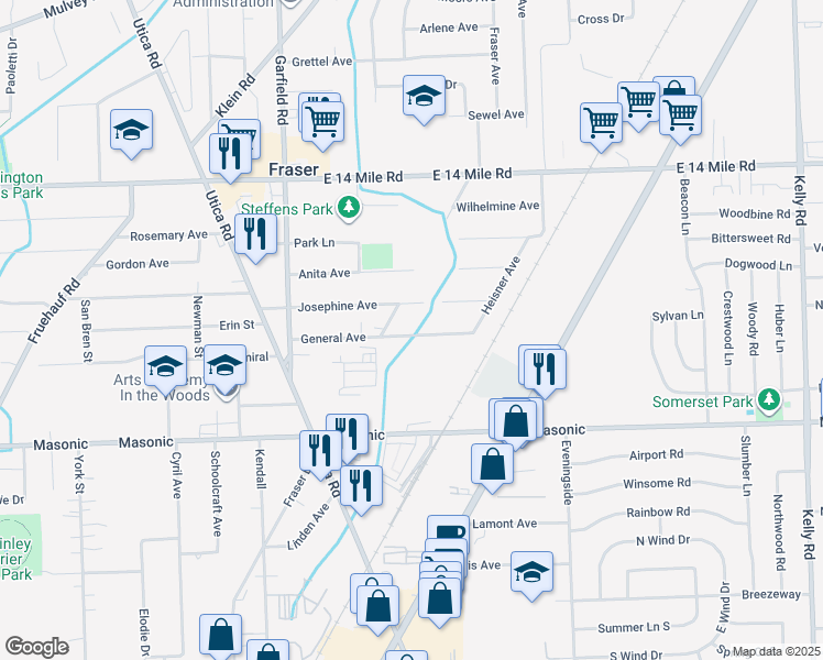 map of restaurants, bars, coffee shops, grocery stores, and more near in Fraser
