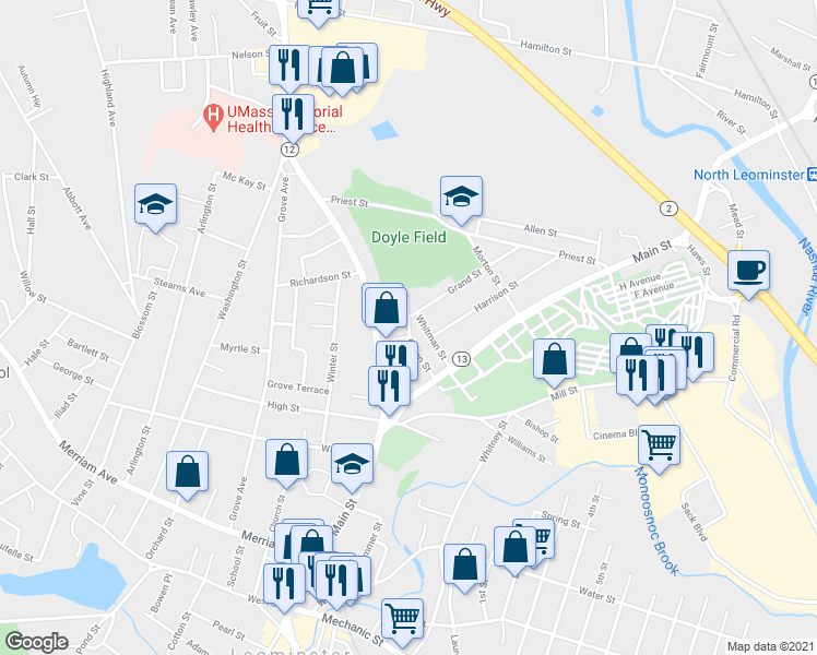 map of restaurants, bars, coffee shops, grocery stores, and more near 36 Green Street in Leominster