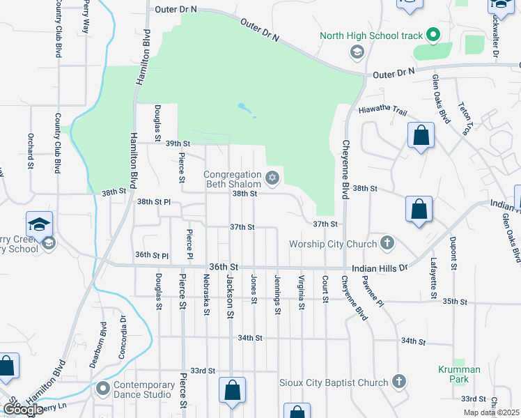 map of restaurants, bars, coffee shops, grocery stores, and more near 3704 Jones Street in Sioux City