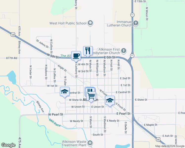 map of restaurants, bars, coffee shops, grocery stores, and more near 100-198 East 2nd Street in Atkinson
