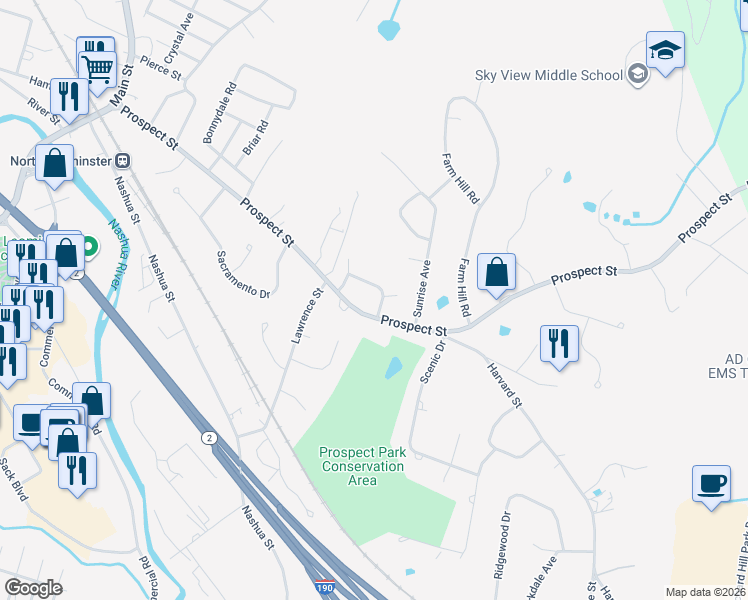 map of restaurants, bars, coffee shops, grocery stores, and more near 299 Prospect Street in Leominster