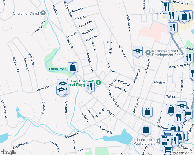 map of restaurants, bars, coffee shops, grocery stores, and more near 44 Hall Street in Leominster