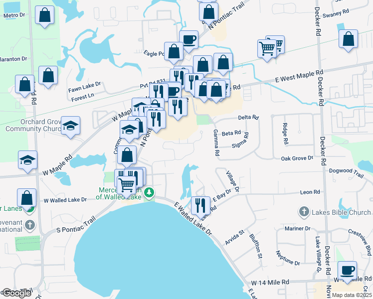 map of restaurants, bars, coffee shops, grocery stores, and more near 607 Winwood Circle in Walled Lake