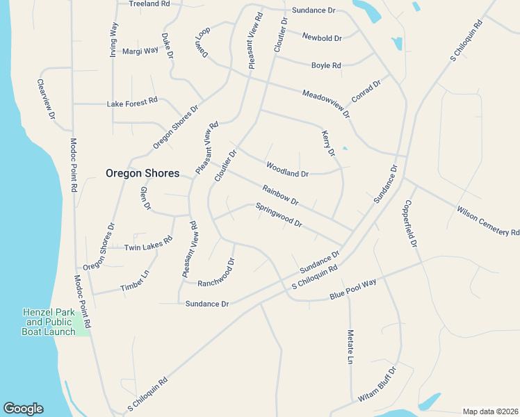 map of restaurants, bars, coffee shops, grocery stores, and more near 2560 Springwood Drive in Chiloquin
