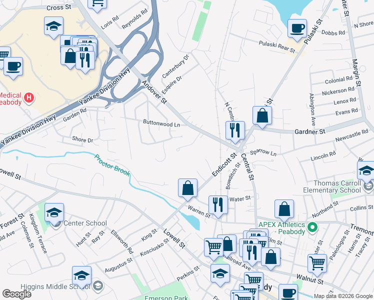 map of restaurants, bars, coffee shops, grocery stores, and more near 14 Hilltop Drive in Peabody