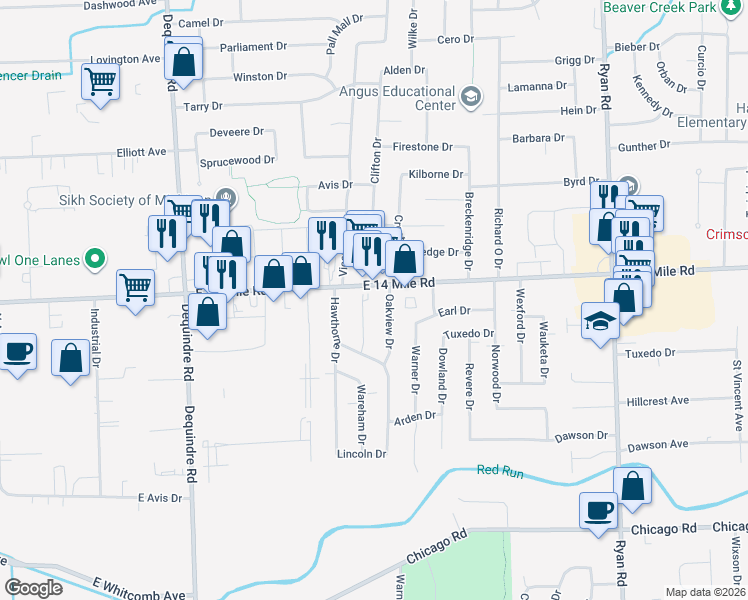map of restaurants, bars, coffee shops, grocery stores, and more near 32844 Wareham Court in Warren