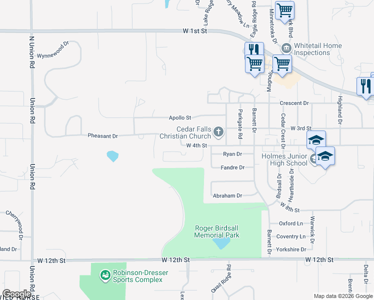 map of restaurants, bars, coffee shops, grocery stores, and more near 2916 West 4th Street in Cedar Falls