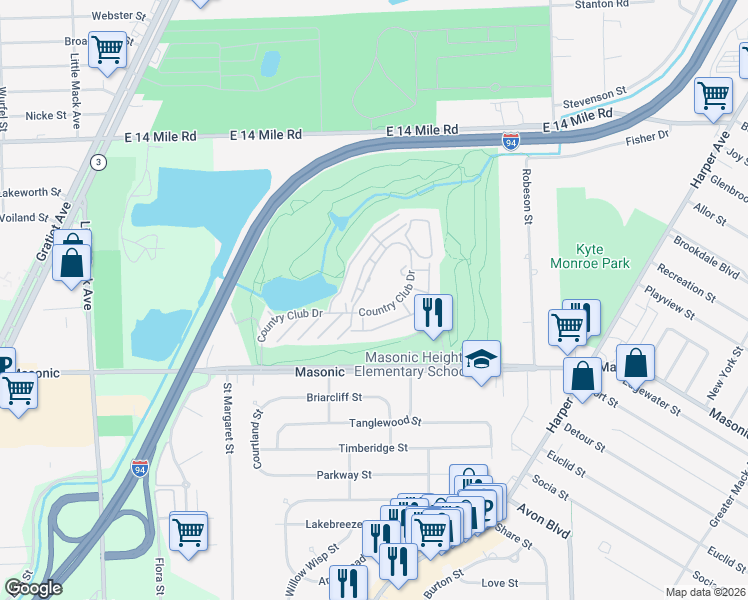 map of restaurants, bars, coffee shops, grocery stores, and more near 2000 Country Club Drive in St. Clair Shores