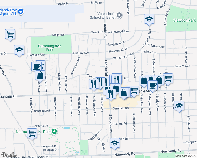map of restaurants, bars, coffee shops, grocery stores, and more near 4849 Crooks Road in Royal Oak