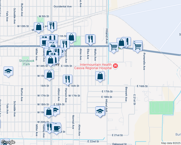 map of restaurants, bars, coffee shops, grocery stores, and more near 537 East 15th Street in Burley