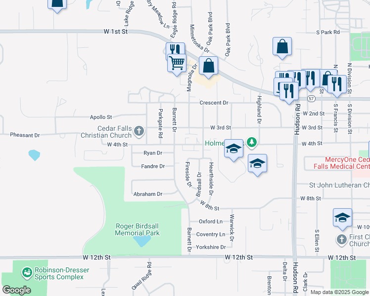 map of restaurants, bars, coffee shops, grocery stores, and more near 2422 West 4th Street in Cedar Falls