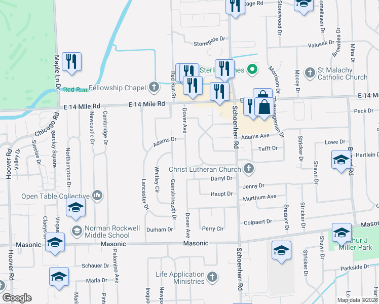 map of restaurants, bars, coffee shops, grocery stores, and more near 32407 Ridgefield Avenue in Warren