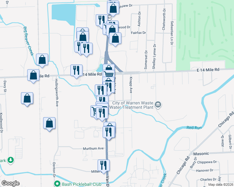 map of restaurants, bars, coffee shops, grocery stores, and more near 32600 Ruehle Avenue in Warren