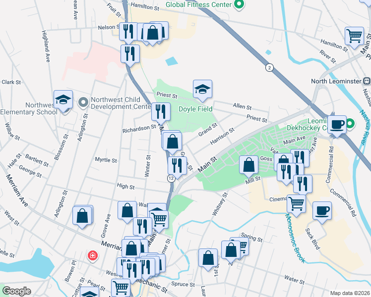 map of restaurants, bars, coffee shops, grocery stores, and more near 36 Green Street in Leominster
