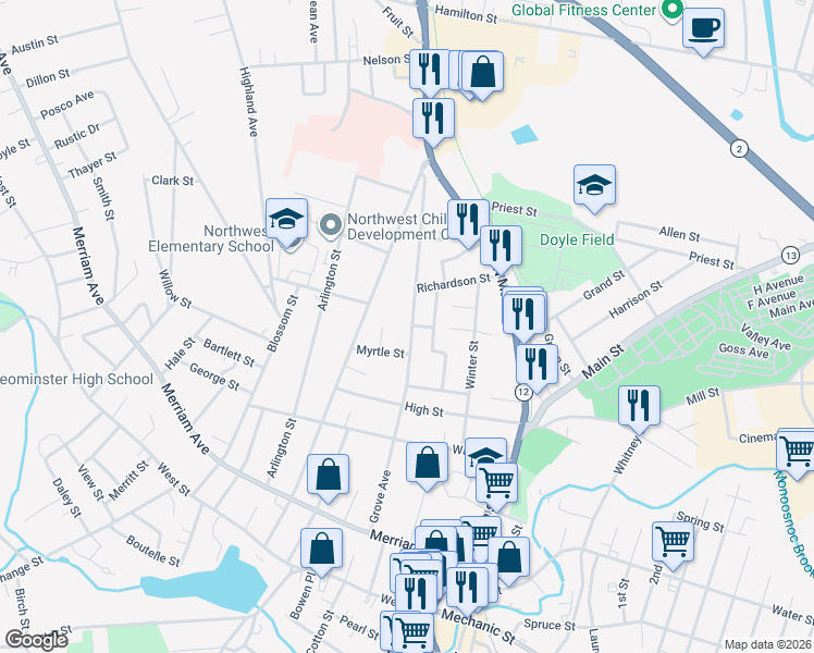 map of restaurants, bars, coffee shops, grocery stores, and more near 40 Belmont Road in Leominster
