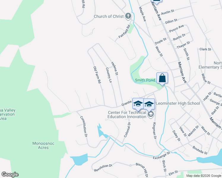 map of restaurants, bars, coffee shops, grocery stores, and more near 61 Old Farm Road in Leominster