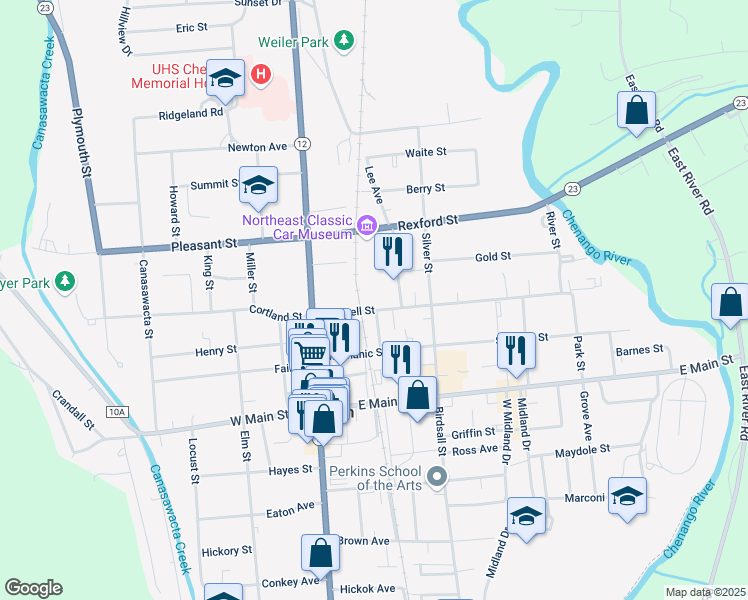 map of restaurants, bars, coffee shops, grocery stores, and more near 14 Mitchell Street in Norwich
