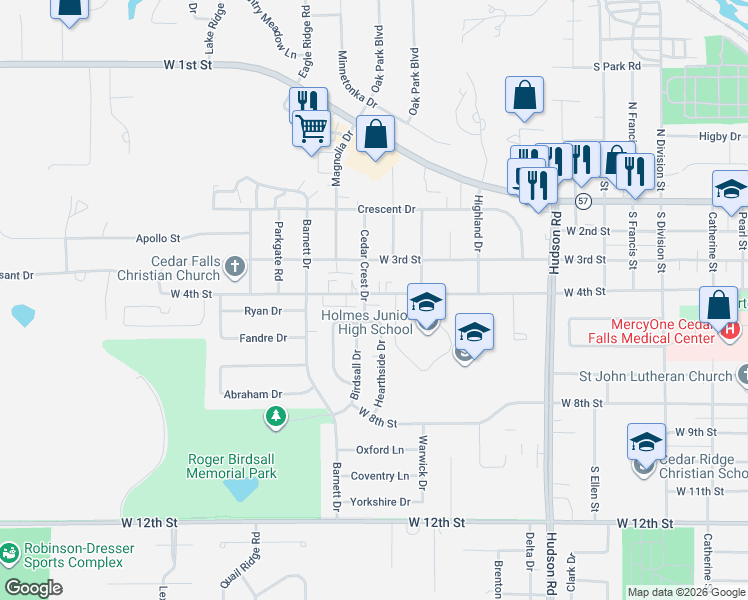 map of restaurants, bars, coffee shops, grocery stores, and more near 503 Fireside Drive in Cedar Falls