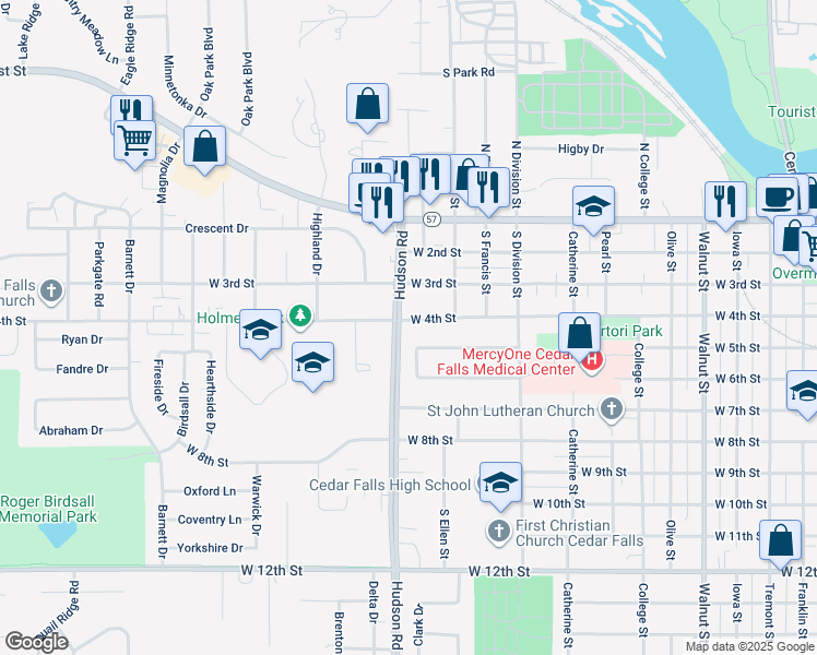 map of restaurants, bars, coffee shops, grocery stores, and more near 1614 West 4th Street in Cedar Falls