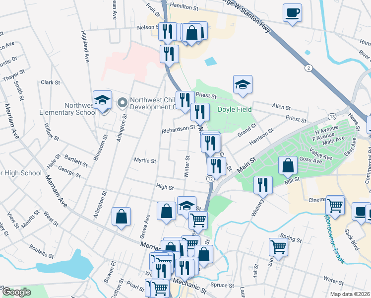 map of restaurants, bars, coffee shops, grocery stores, and more near 80 Winter Street in Leominster