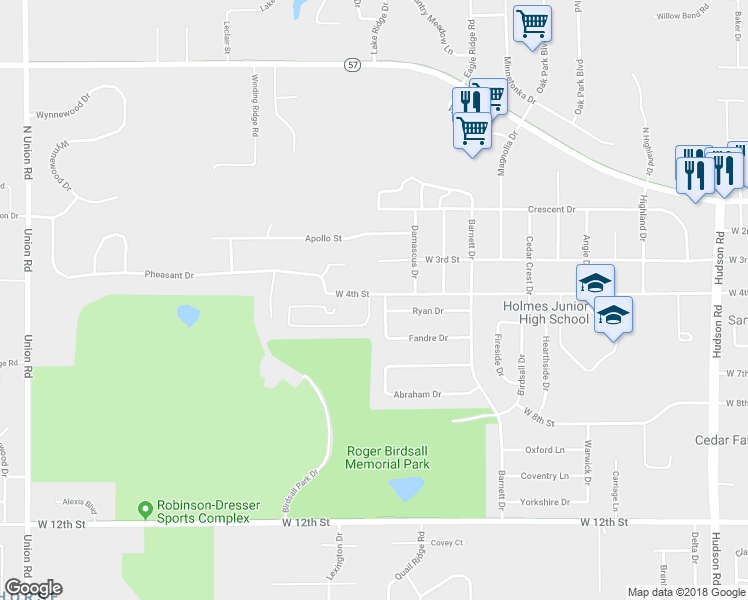 map of restaurants, bars, coffee shops, grocery stores, and more near 2908 West 4th Street in Cedar Falls