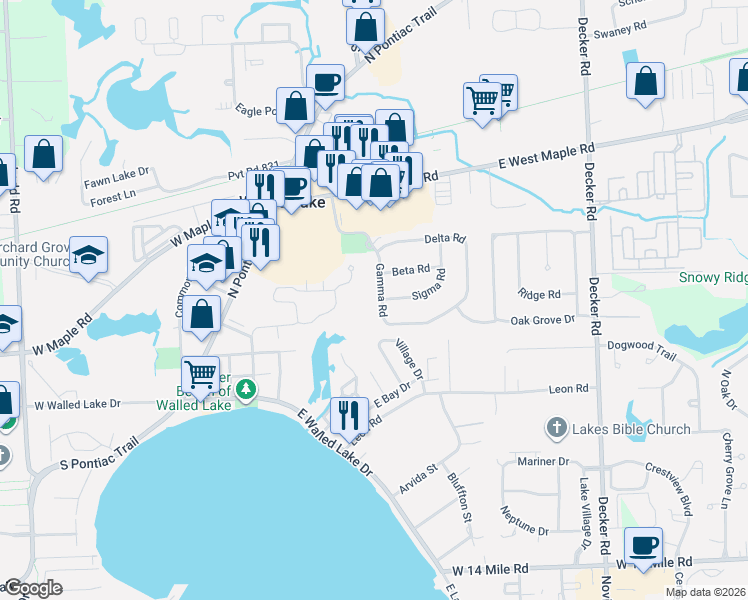 map of restaurants, bars, coffee shops, grocery stores, and more near 456 Gamma Road in Walled Lake