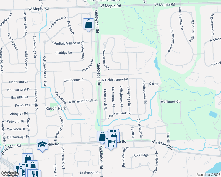 map of restaurants, bars, coffee shops, grocery stores, and more near 7143 Riverstone Road in West Bloomfield Township