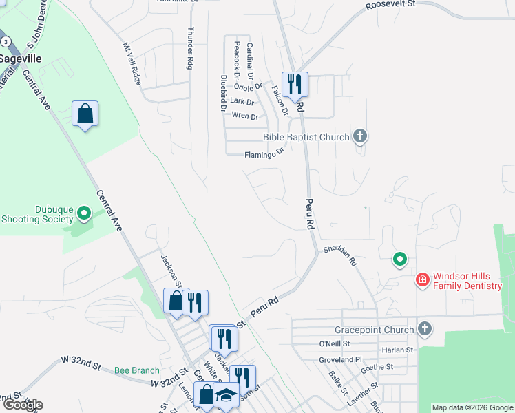 map of restaurants, bars, coffee shops, grocery stores, and more near 3637 Aerostar Drive in Dubuque