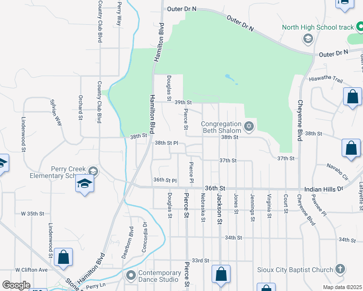 map of restaurants, bars, coffee shops, grocery stores, and more near 416 38th Street Place in Sioux City