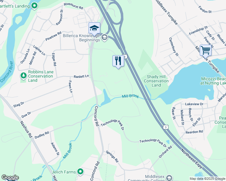 map of restaurants, bars, coffee shops, grocery stores, and more near 300 Concord Road in Billerica
