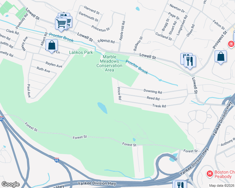 map of restaurants, bars, coffee shops, grocery stores, and more near 13 Price Road in Peabody