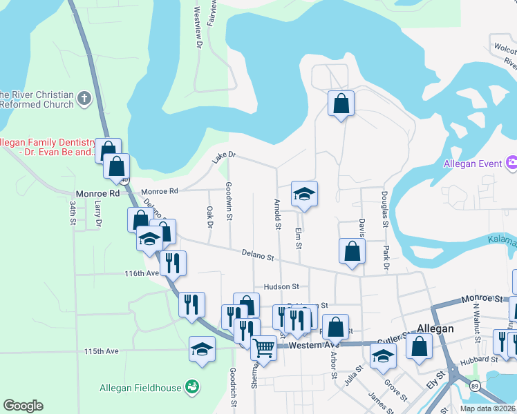 map of restaurants, bars, coffee shops, grocery stores, and more near 179 Arnold Street in Allegan